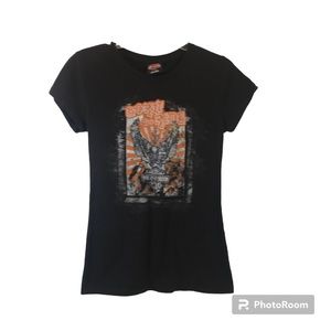 Harley Davidson Womens Born To Ride Tee Size Large Eagle Top Black Orange TN